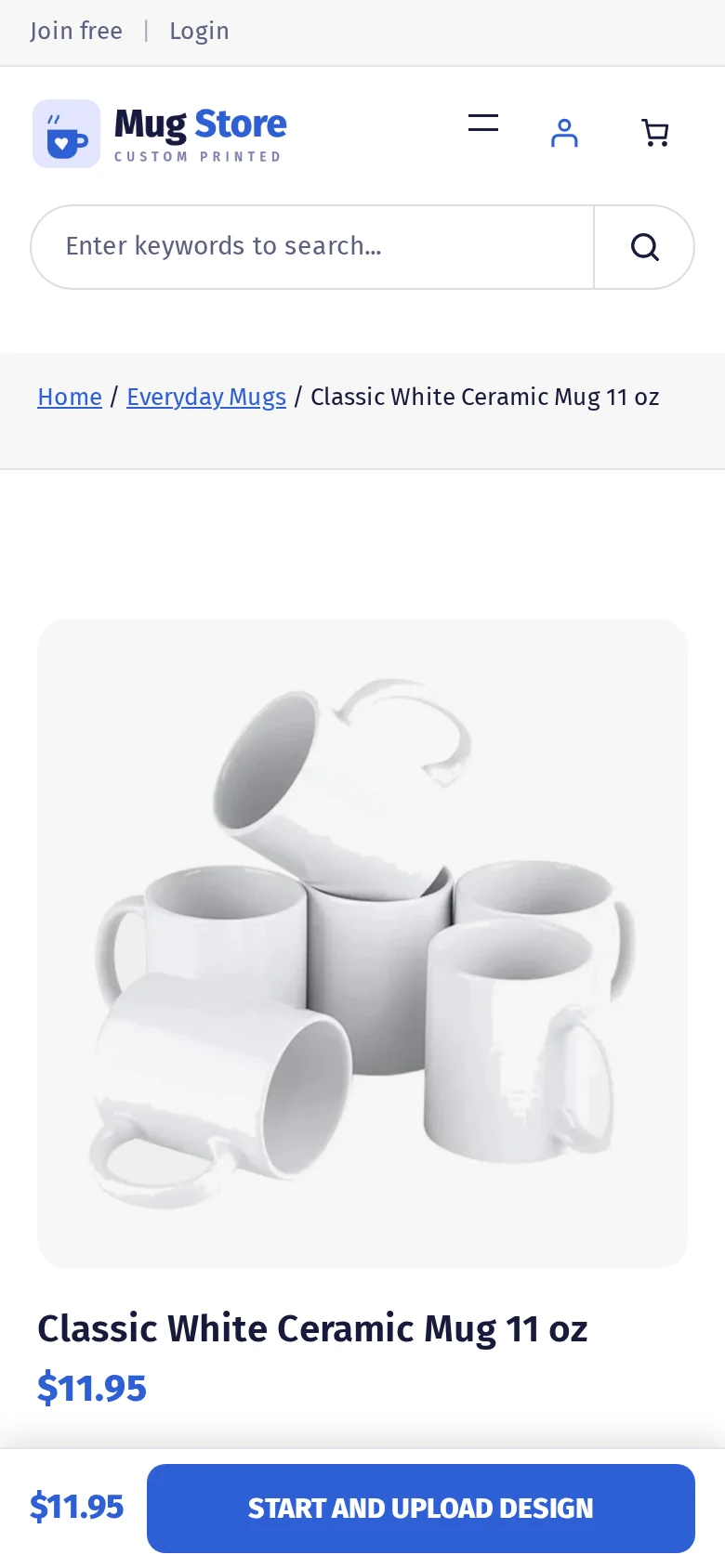 Personalized mug product page on mobile with a sticky Start and Upload Design button, part of the WooCommerce store setup