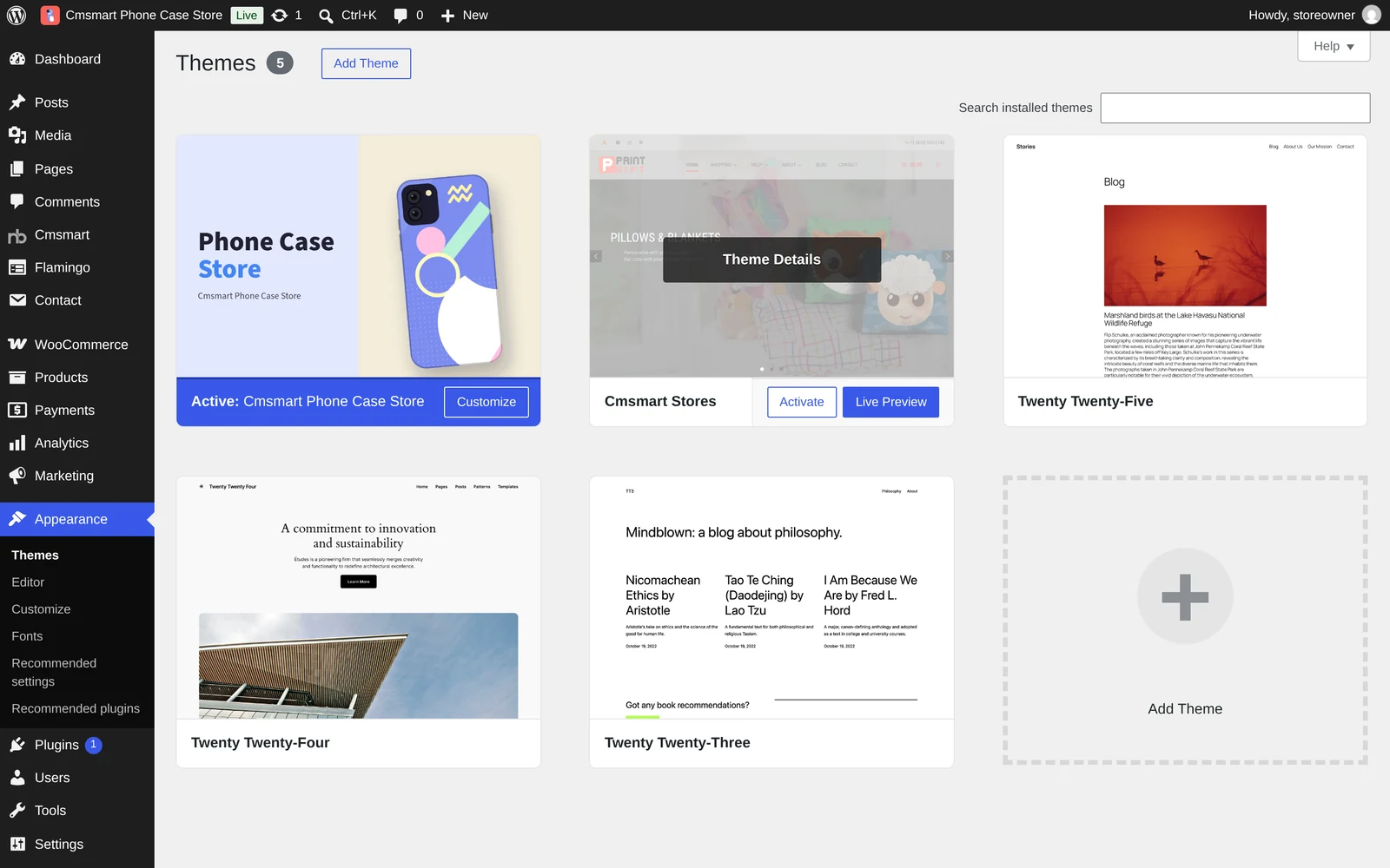 Appearance Themes screen showing Cmsmart Phone Case Store active with its parent Cmsmart Stores theme installed