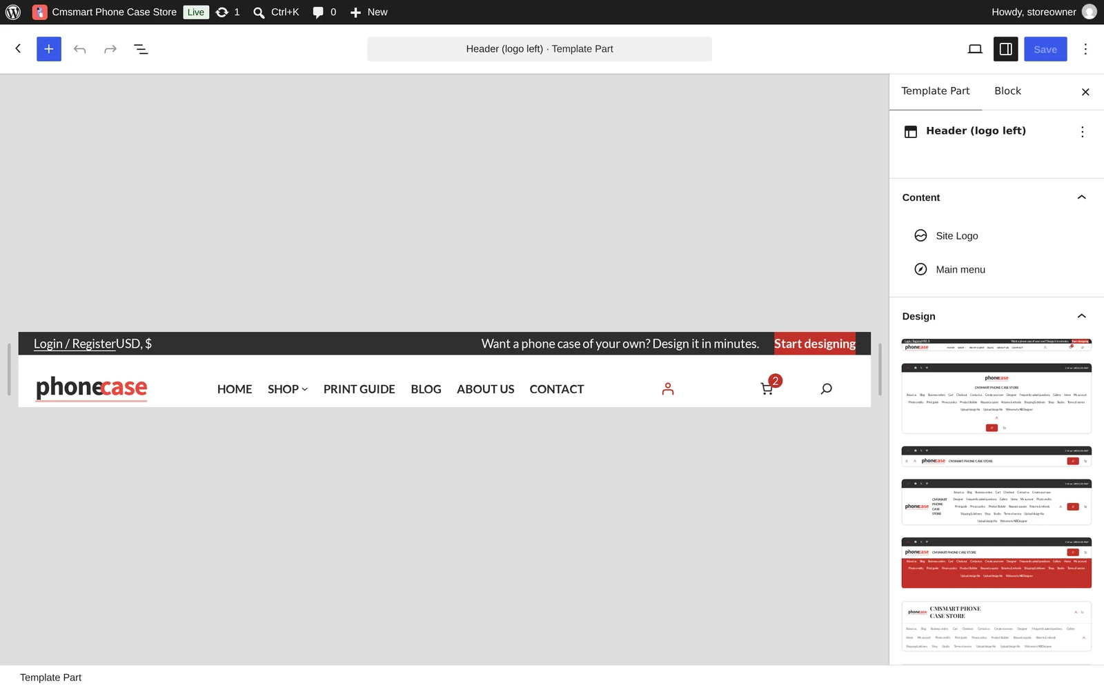 Site Editor header template part for a custom phone case WooCommerce store setup with Site Logo and Main menu blocks