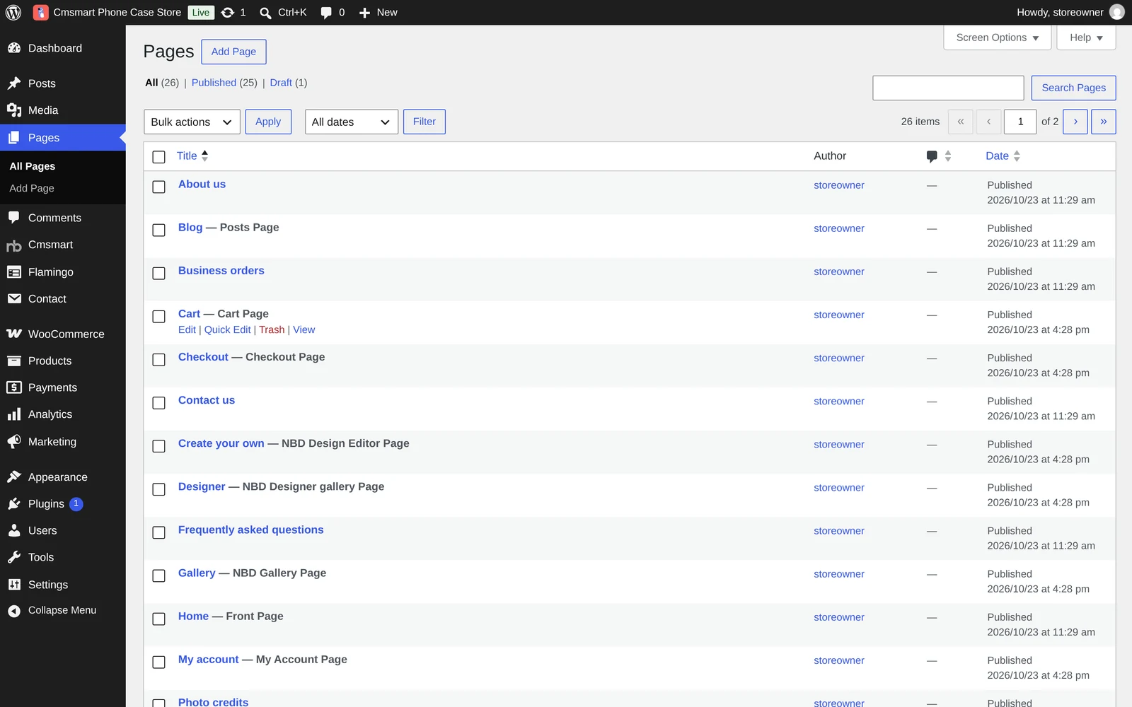 WordPress Pages screen listing the pages the Cmsmart Phone Case Store import created