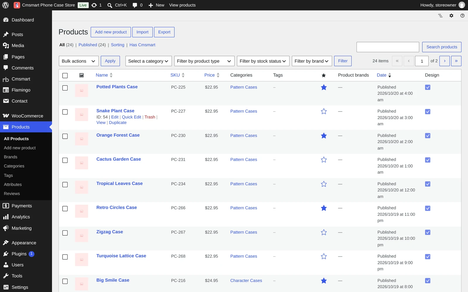 Products list showing the sample catalogue of phone case products in wp-admin