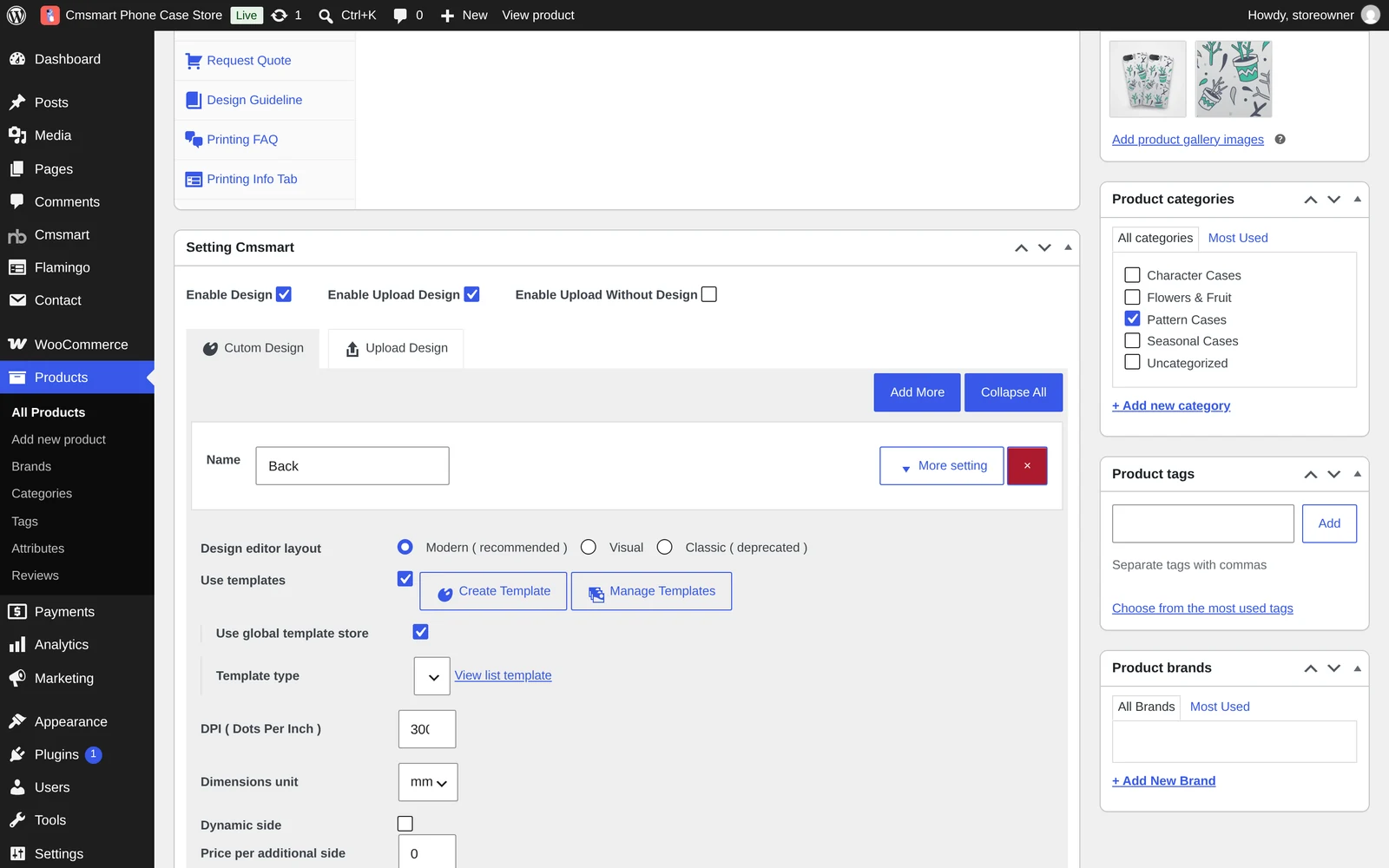 Setting Cmsmart box on a product edit page with Enable Design and Enable Upload Design checkboxes