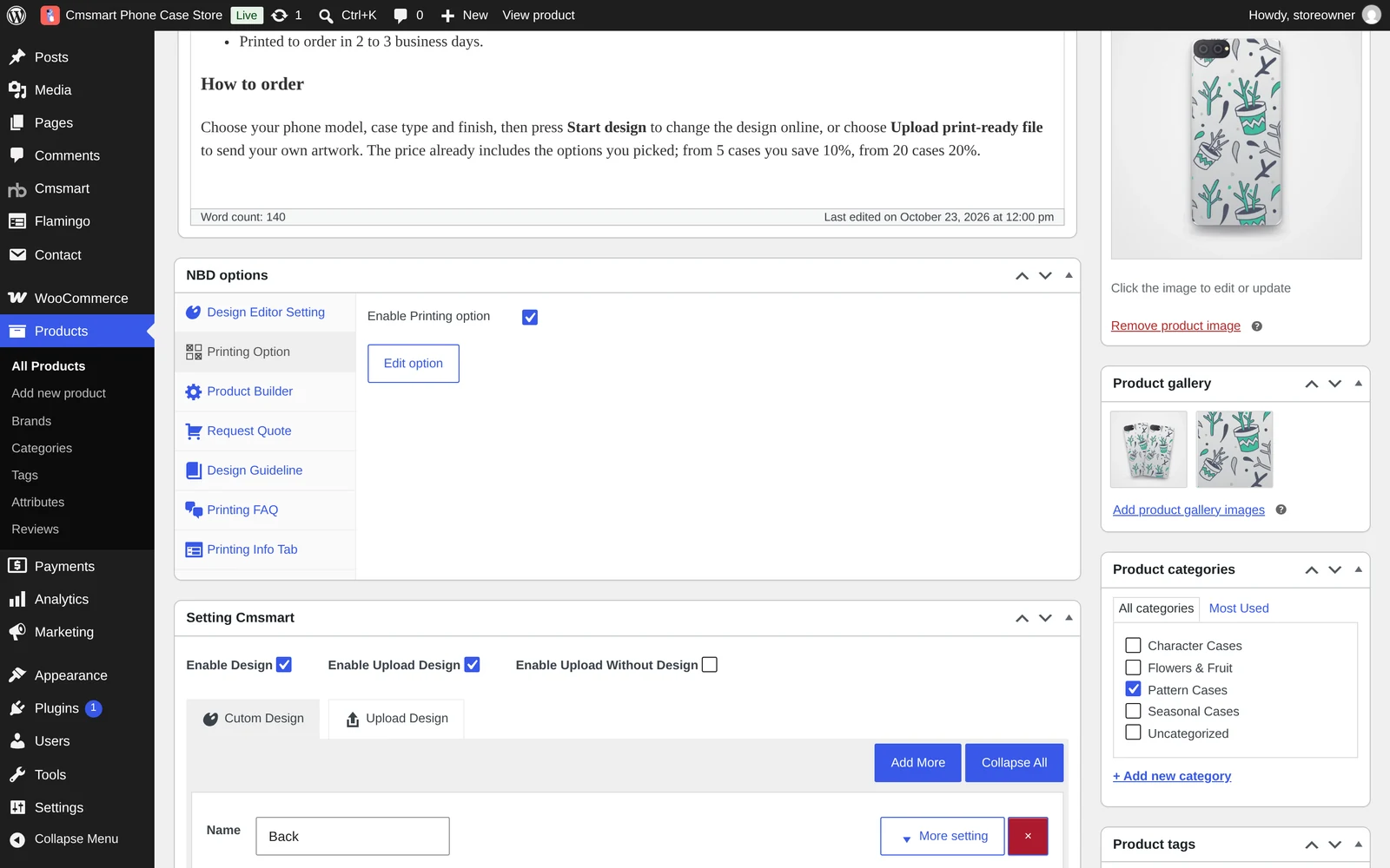 NBD options box on a product edit page with a Printing Option set and Edit option button