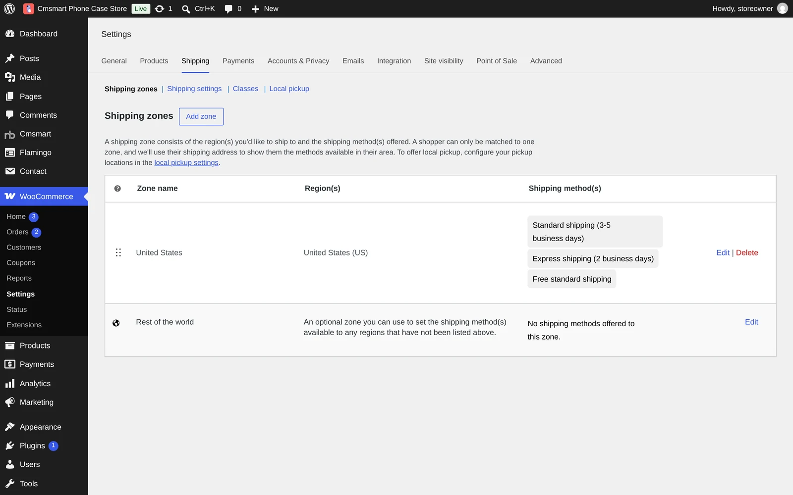 WooCommerce Settings Shipping screen with a United States shipping zone and rest of world zone