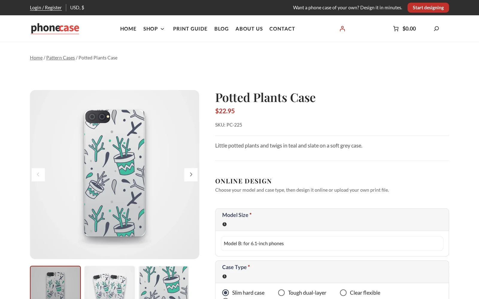 Product page for a custom phone case WooCommerce store setup with Model Size and Case Type options