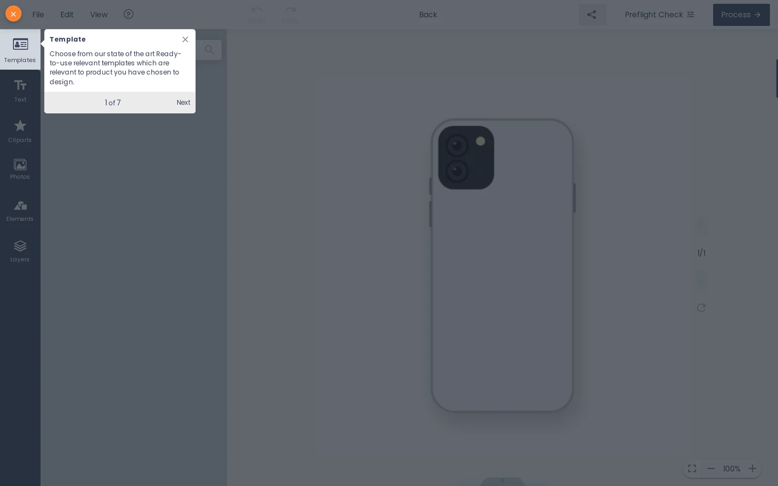 Cmsmart Product Designer open on a phone case product with a template picker and design toolbar