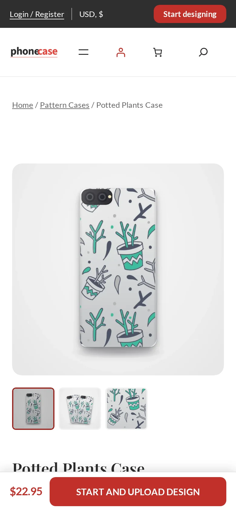 Mobile product page for a custom phone case WooCommerce store setup with a Start and upload design button