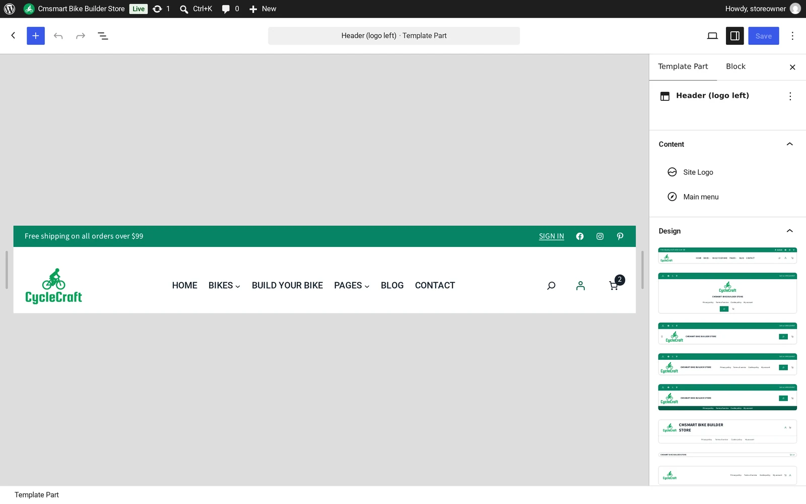 WordPress site editor open on the Header template part, with the Site Logo block and main menu ready to edit