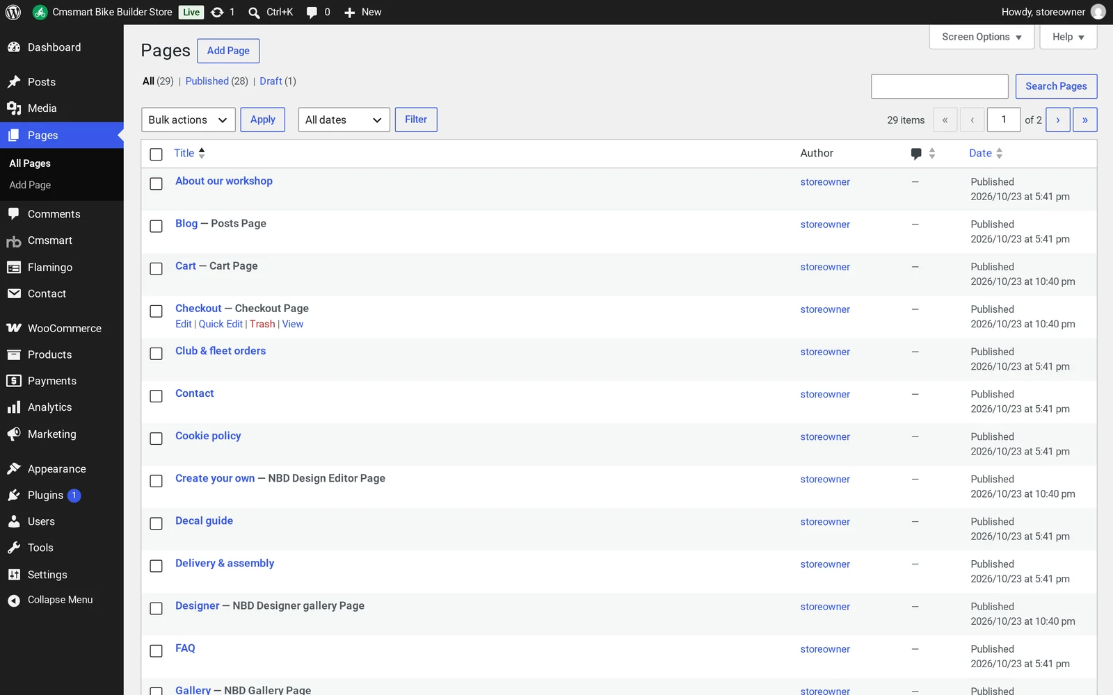 WordPress Pages list with store pages imported by Store Setup, including a decal guide and a club and fleet orders page for this bike niche