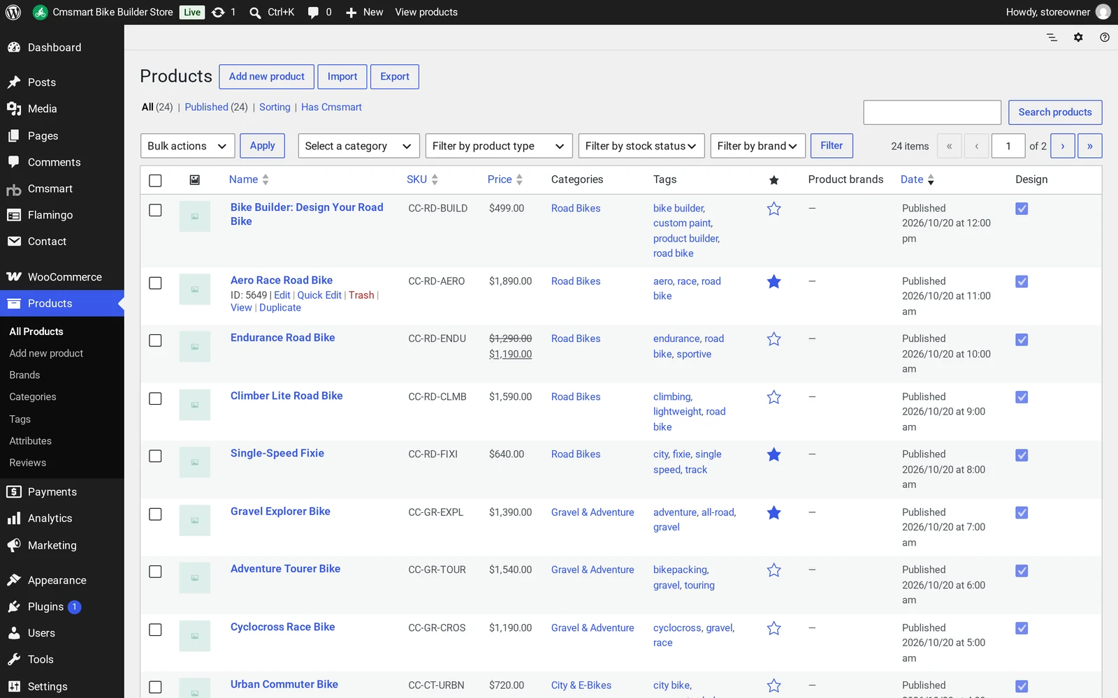 WooCommerce Products list with the sample bike catalogue, prices and categories from Store Setup