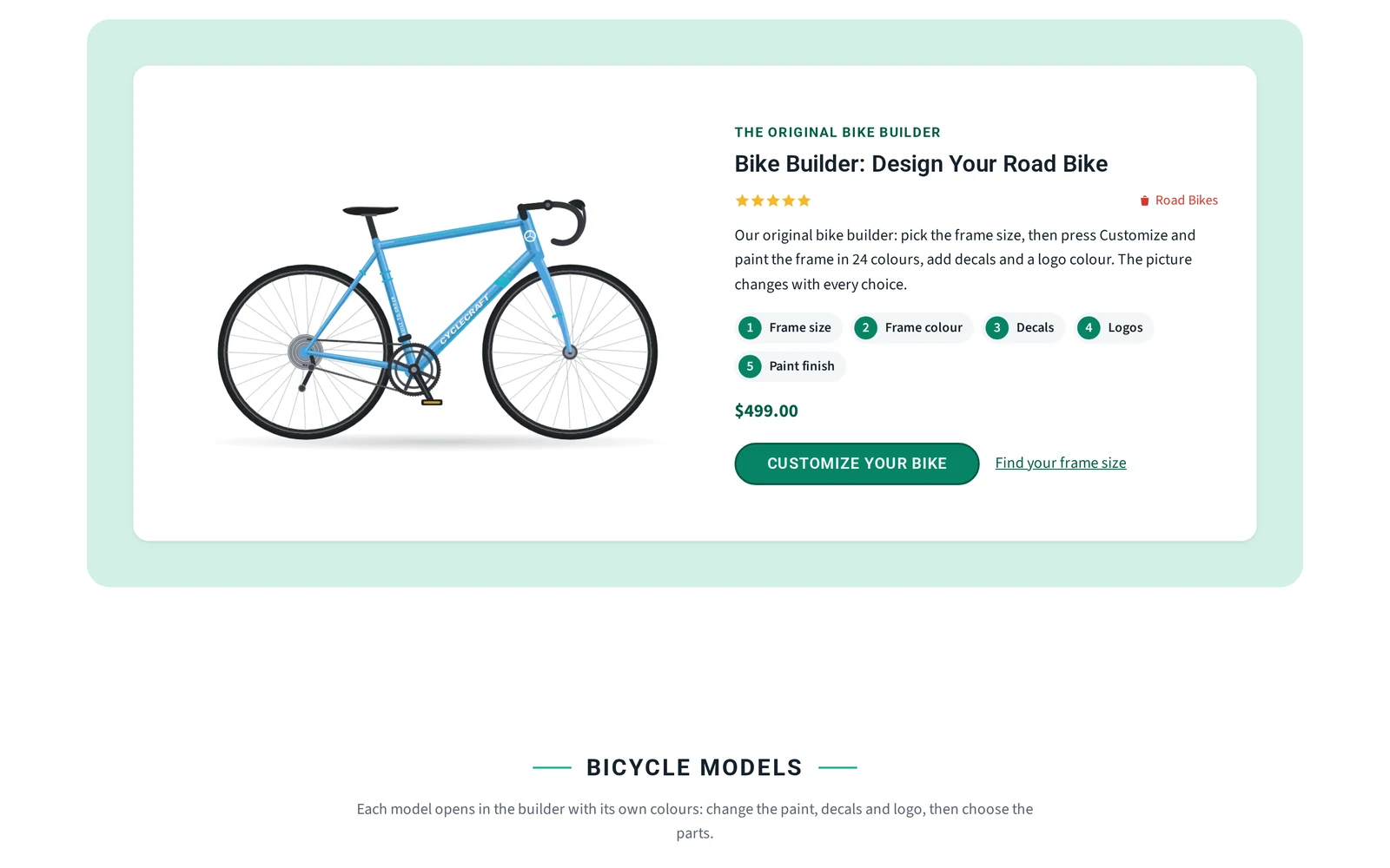 The Bike Builder: Design Your Road Bike product card showing the five configurator steps: frame size, frame colour, decals, logos and paint finish, with a Customize your bike button