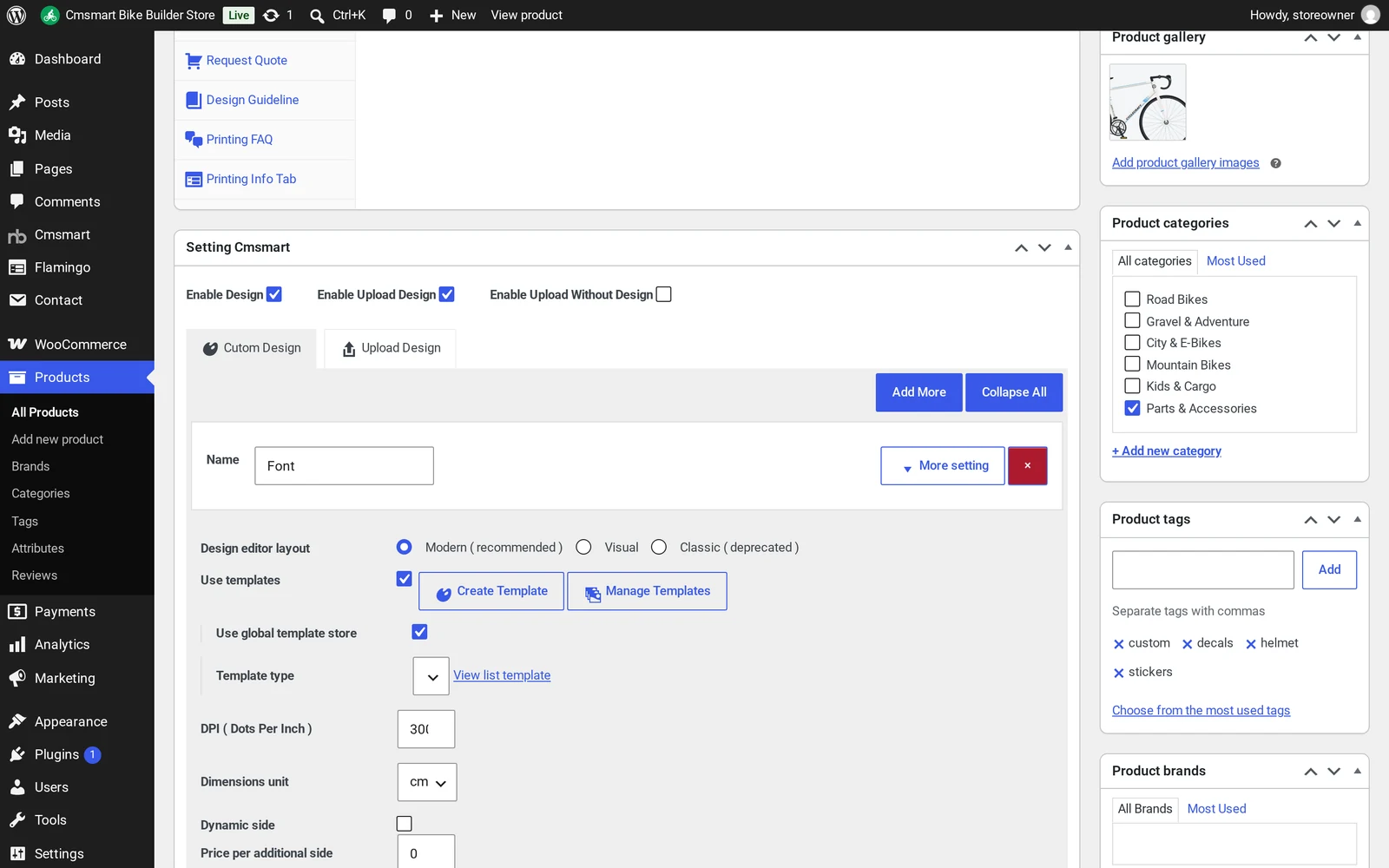 Cmsmart Product Designer settings on a WooCommerce product, with Enable Design, Enable Upload Design, DPI and template options