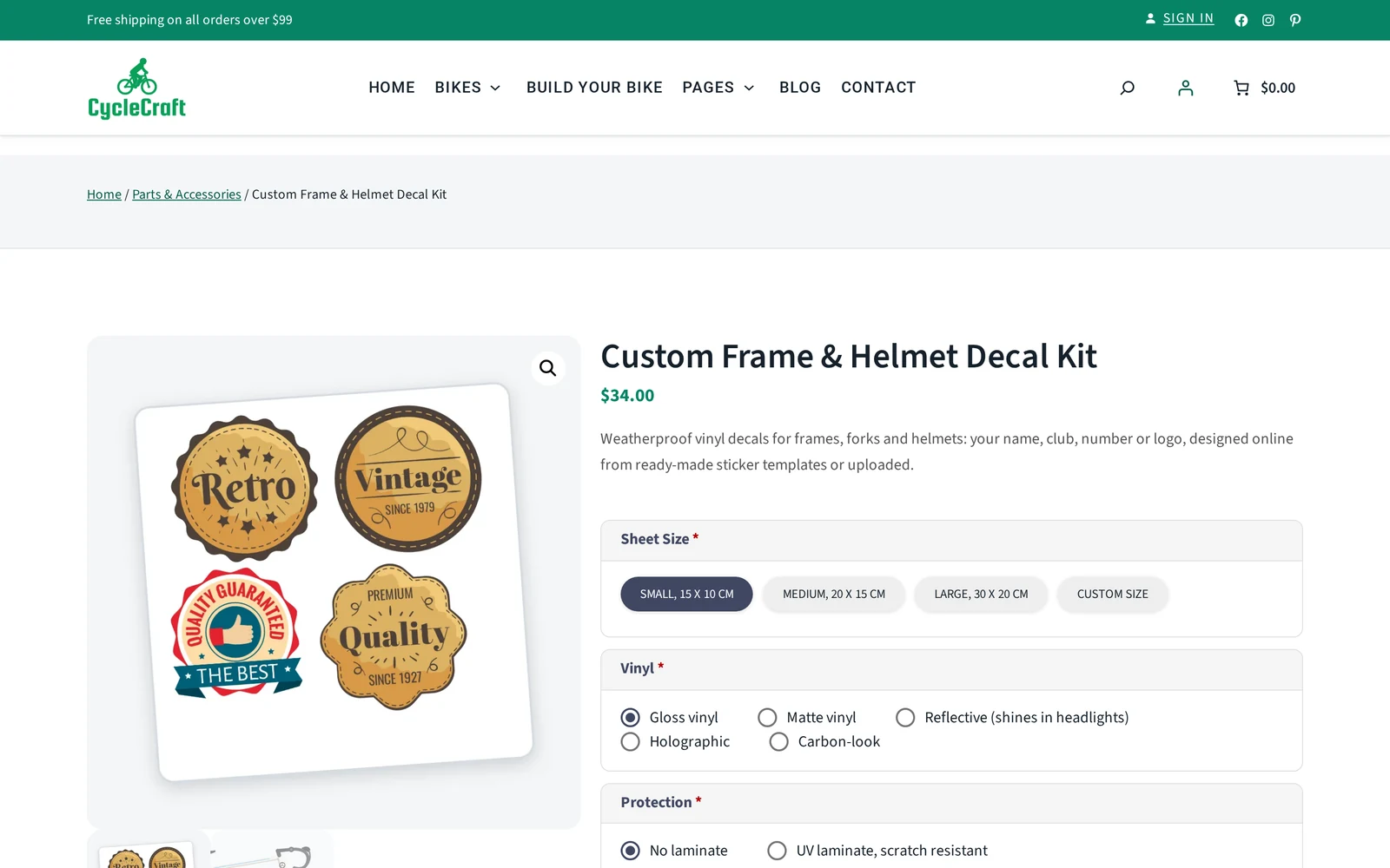 The Custom Frame and Helmet Decal Kit product page with Sheet Size, Vinyl and Protection options before the shopper opens the online designer