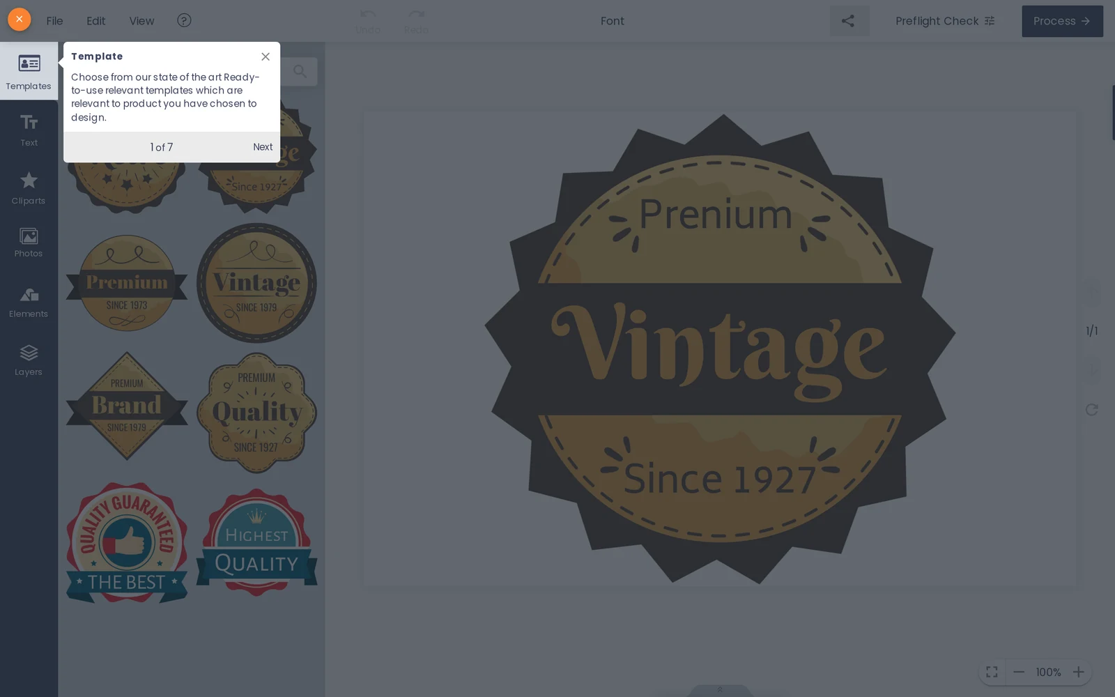 The Cmsmart Product Designer open on a decal template, with Templates, Text, Cliparts, Photos, Elements and Layers tools and a Process button