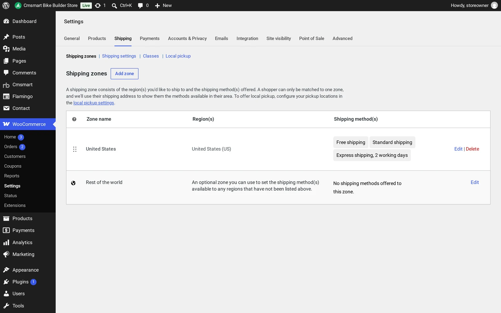 WooCommerce Settings Shipping tab with a United States shipping zone and a Rest of the world zone