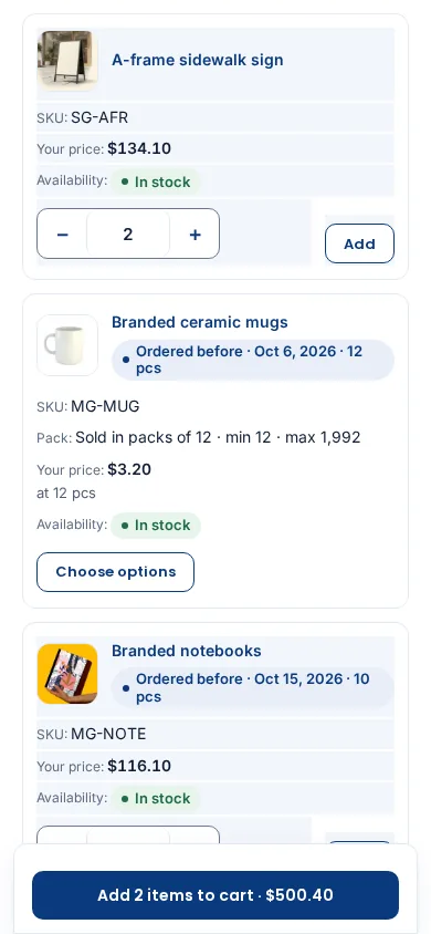 Mobile order pad view with quantity steppers on product cards and a sticky add-to-cart total
