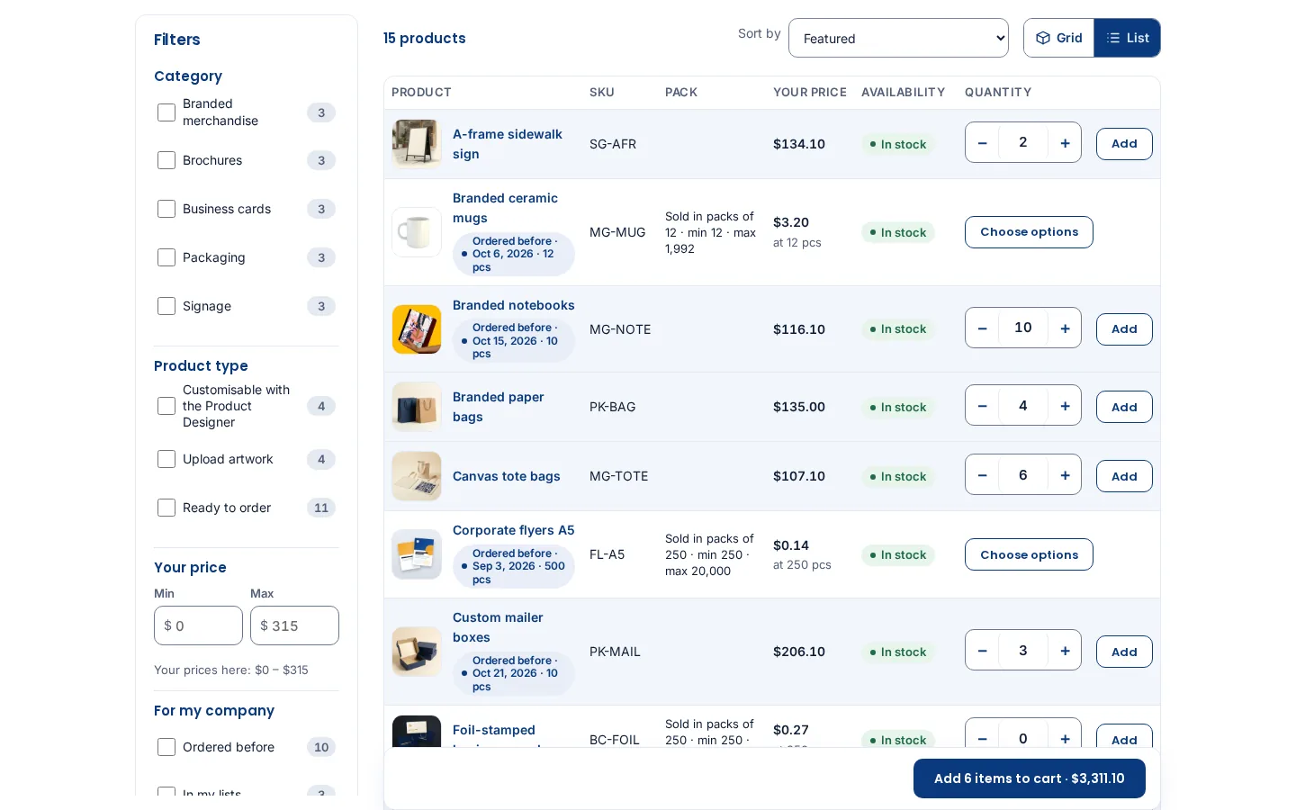 WooCommerce B2B quick order pad list view with SKU, pack size, your price and quantity columns, sticky add-to-cart bar