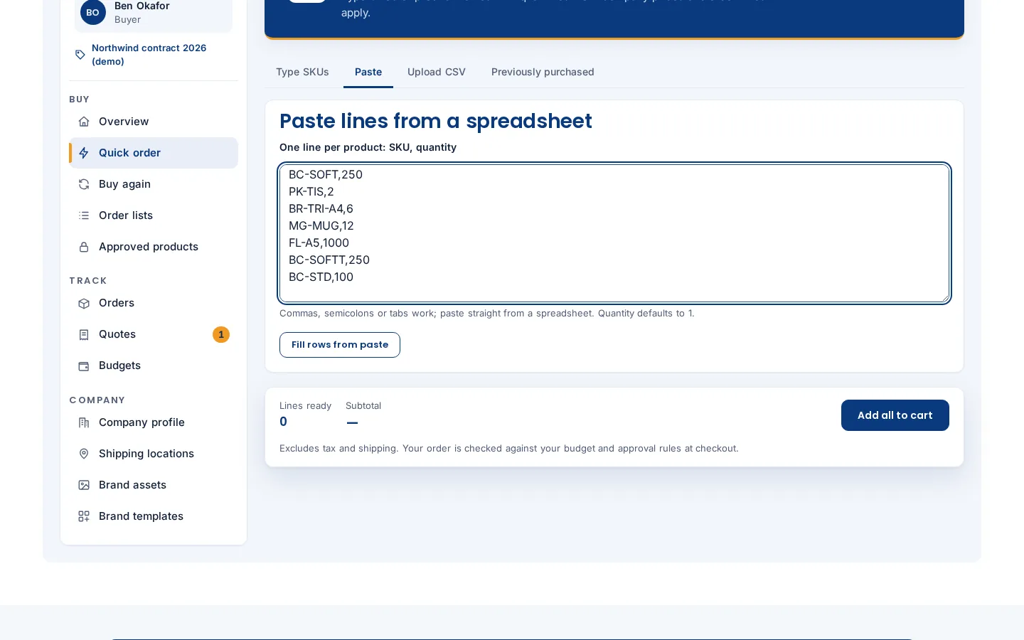 Quick order Paste tab with a textarea holding 30 pasted SKU and quantity lines