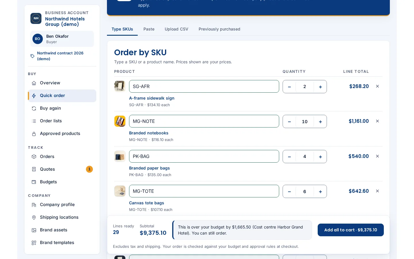 Quick order rows resolved from a pasted list, showing product, SKU, unit price and line total