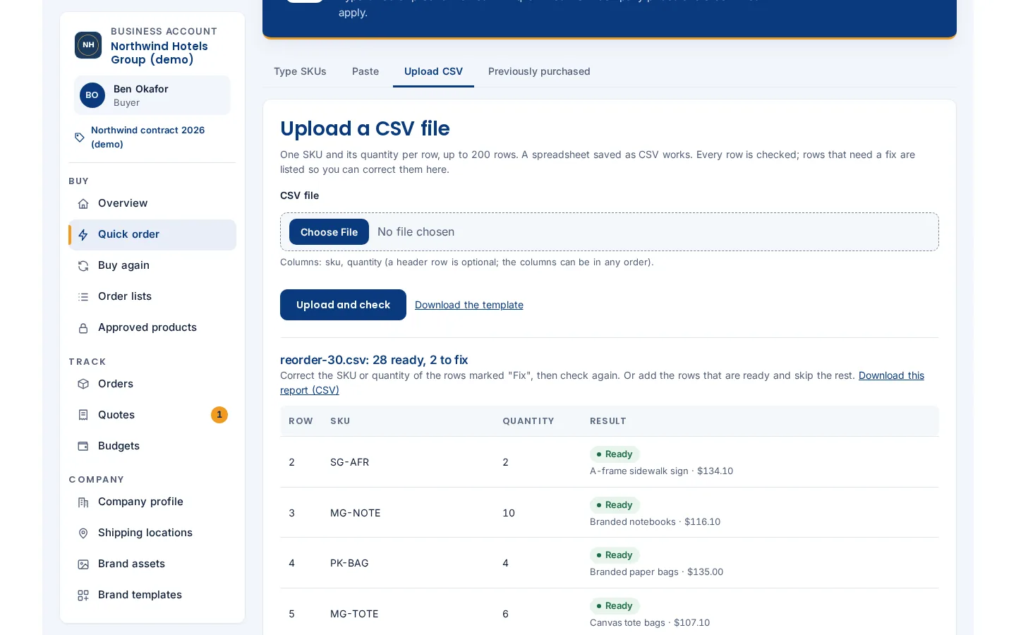 Upload CSV tab with file picker, Upload and check button and a link to download the CSV template