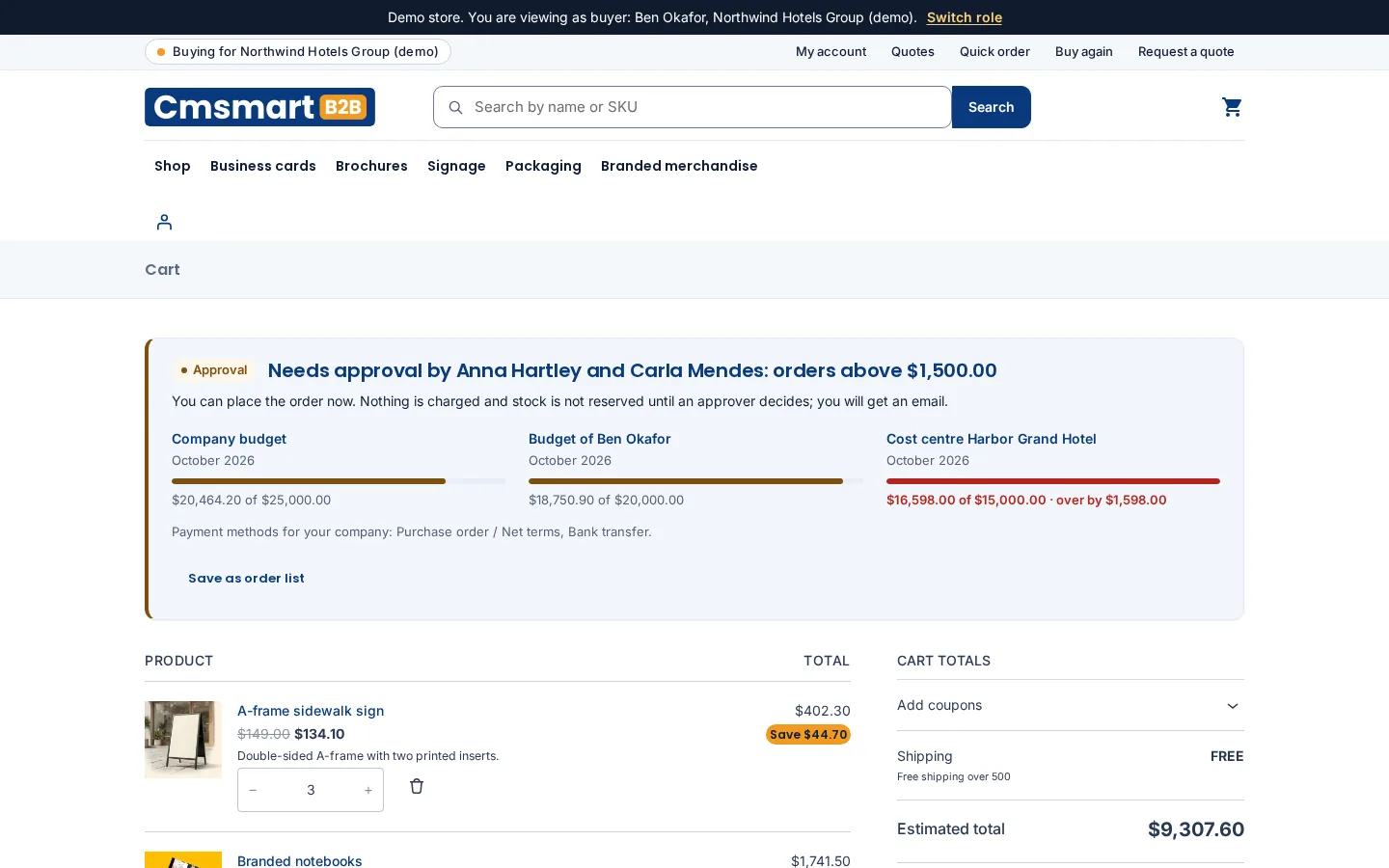 B2B cart with an approval banner, company and cost-centre budget meters and purchase order payment method