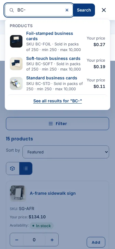 Instant search dropdown for a SKU prefix, showing matching products with your price and pack rule