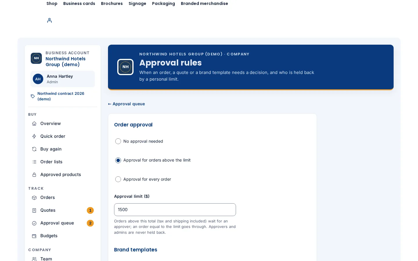 Cmsmart B2B Approval rules page setting an approval limit in dollars for company orders