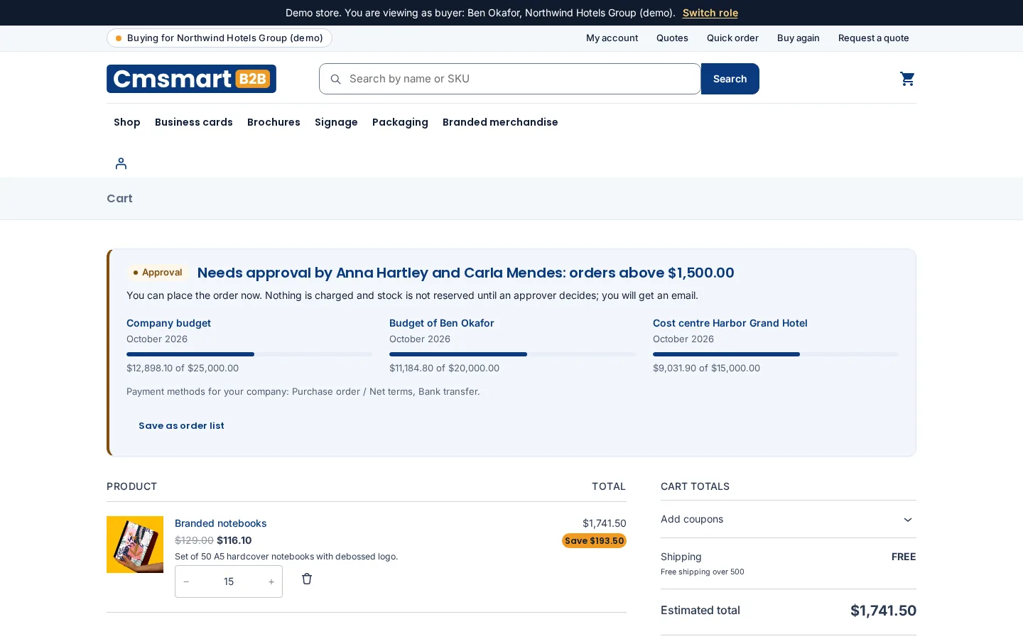 WooCommerce B2B order approval workflow: cart banner and budget meters for an order over the spend limit