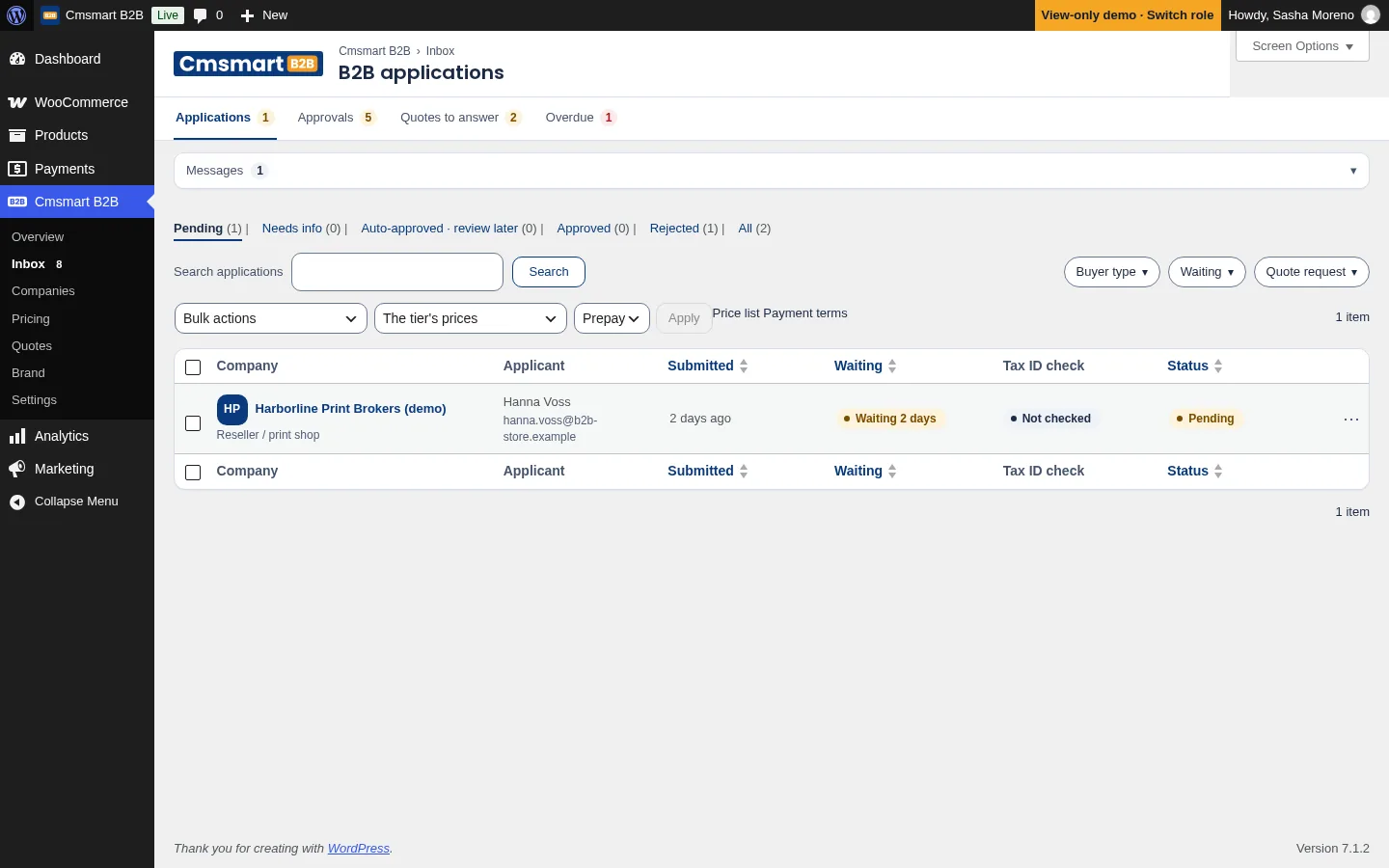 wp-admin Cmsmart B2B Inbox showing company applications waiting to be reviewed