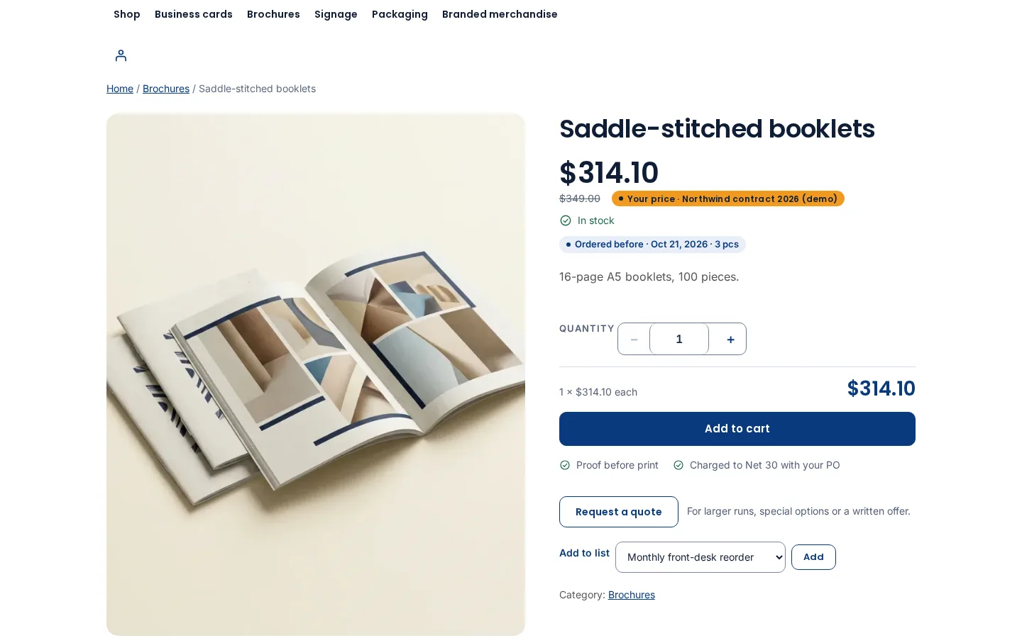 WooCommerce product page as a signed-in B2B buyer, showing their contract price next to the list price