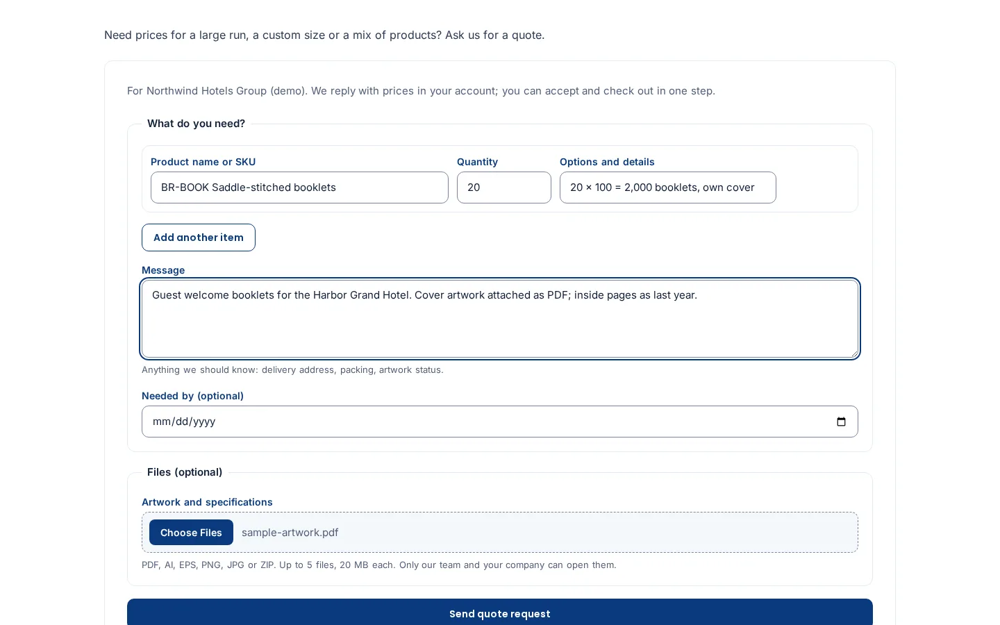 Request a quote form with a product, quantity, message and an attached artwork PDF