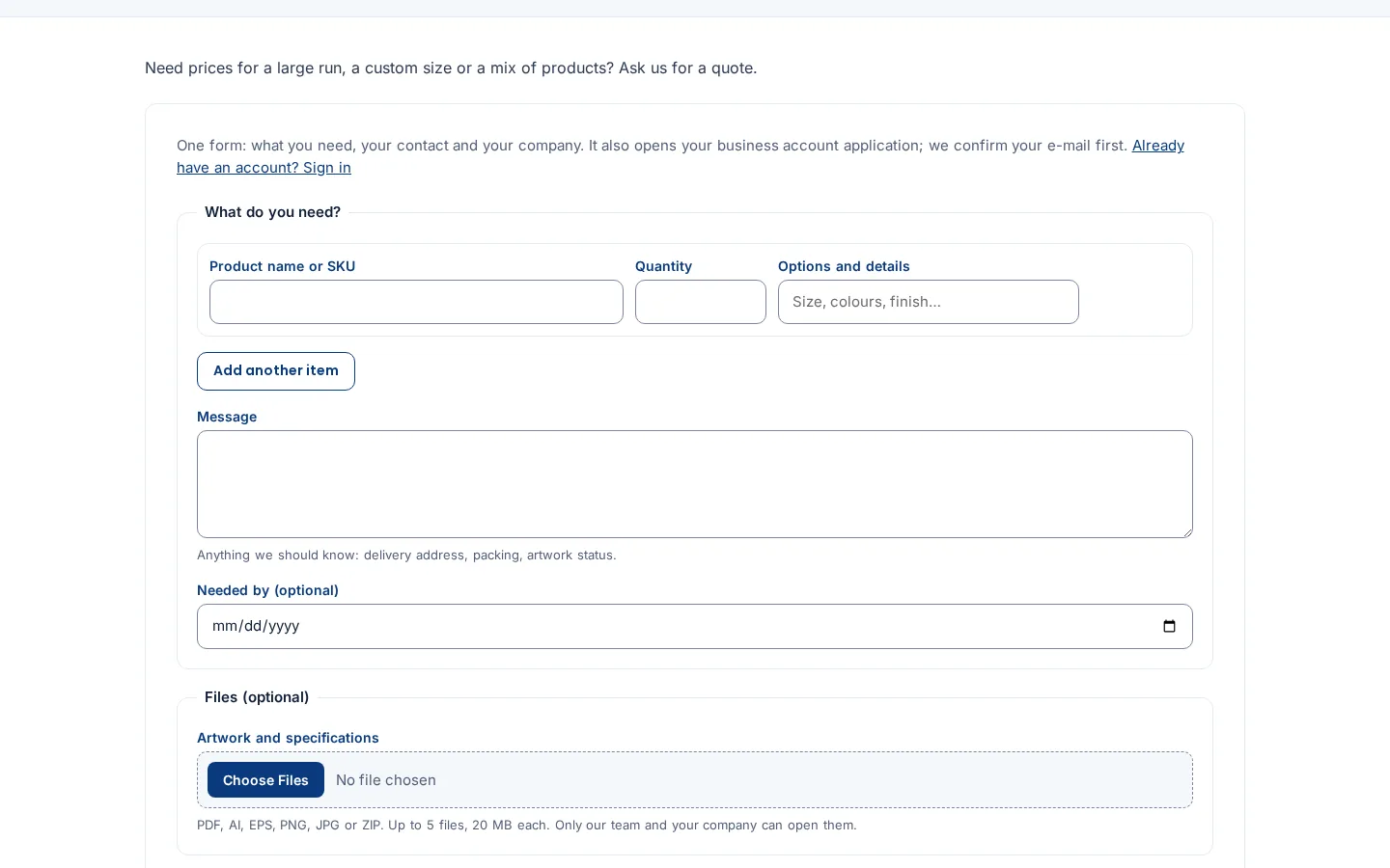 Request a quote form for a guest visitor, with fields for contact and company details below the product request