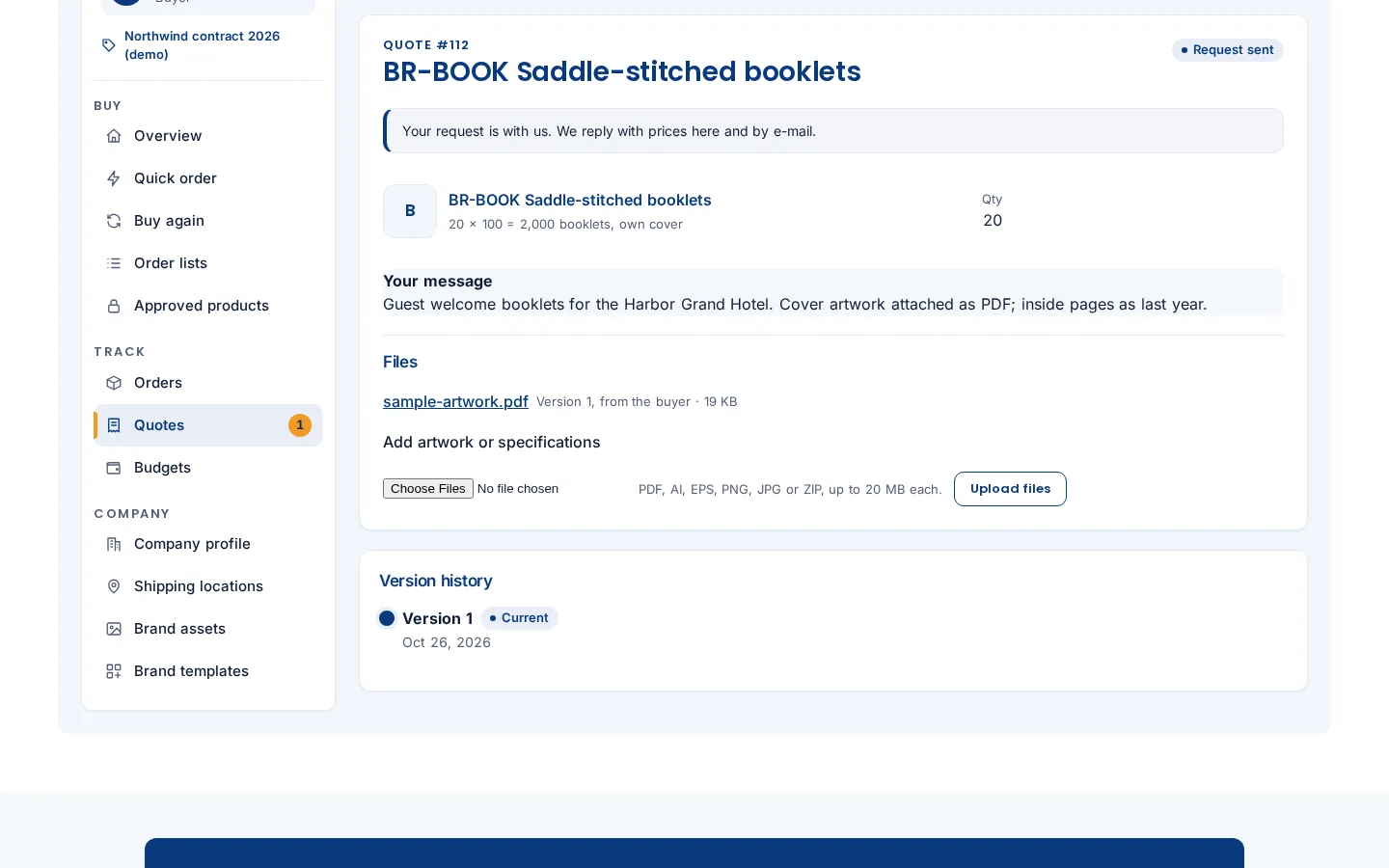 A buyer's My Account quote page showing the request, the attached artwork file and its version history