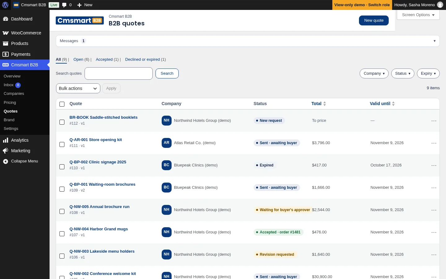 wp-admin B2B quotes list with status tabs and columns for company, status, total and valid until