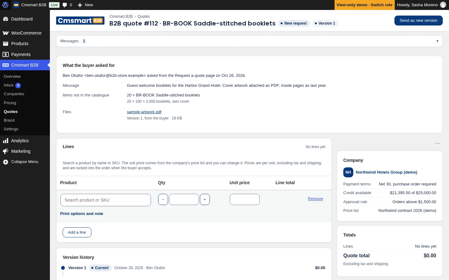 wp-admin quote detail showing what the buyer asked for, the attached file, and the company's price list and credit