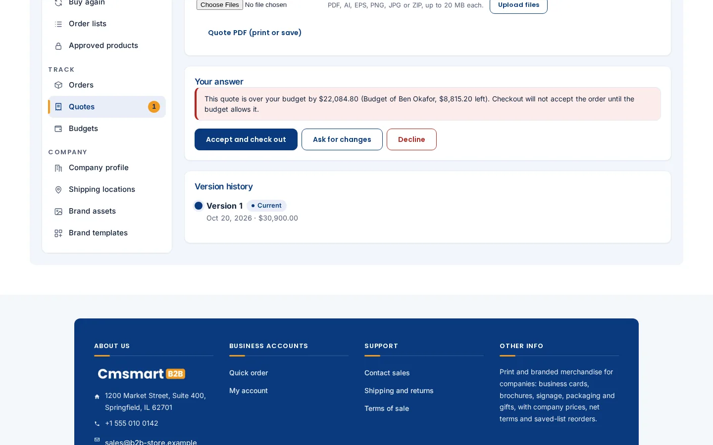Buyer's quote review screen with a budget warning and Accept and check out, Ask for changes and Decline buttons