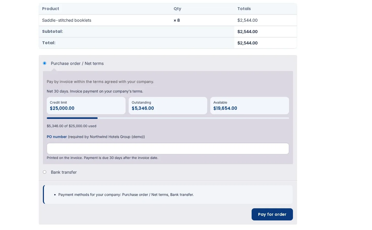 Pay-for-order checkout showing the quoted unit price, company budgets and payment methods