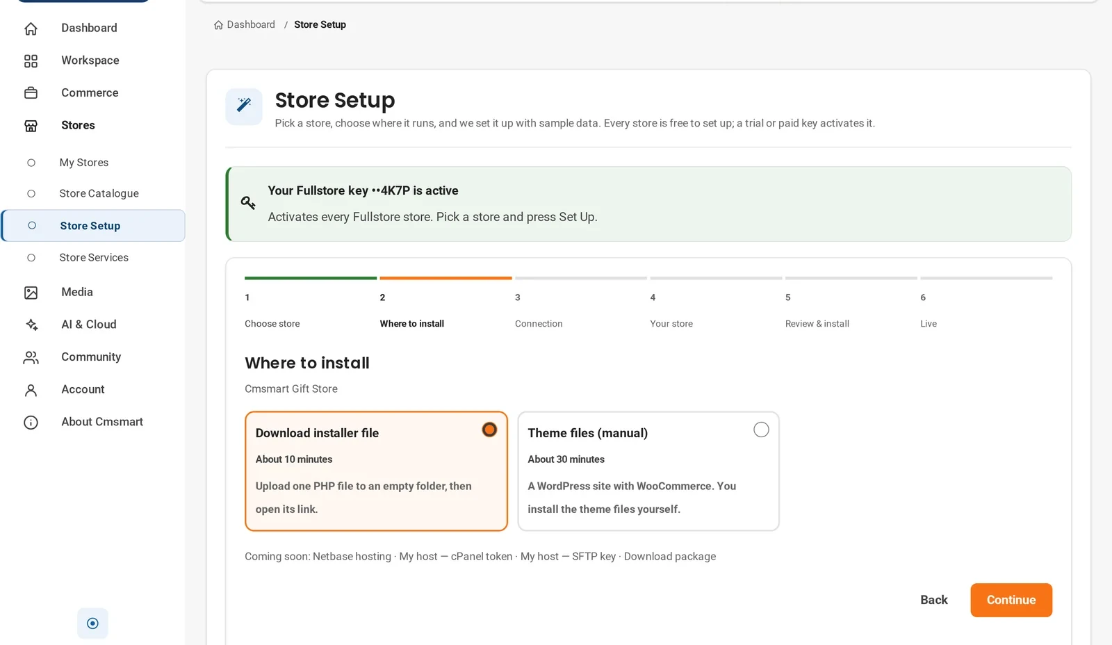 Cmsmart dashboard Store Setup step 2, choosing between a downloaded installer file or manual theme files