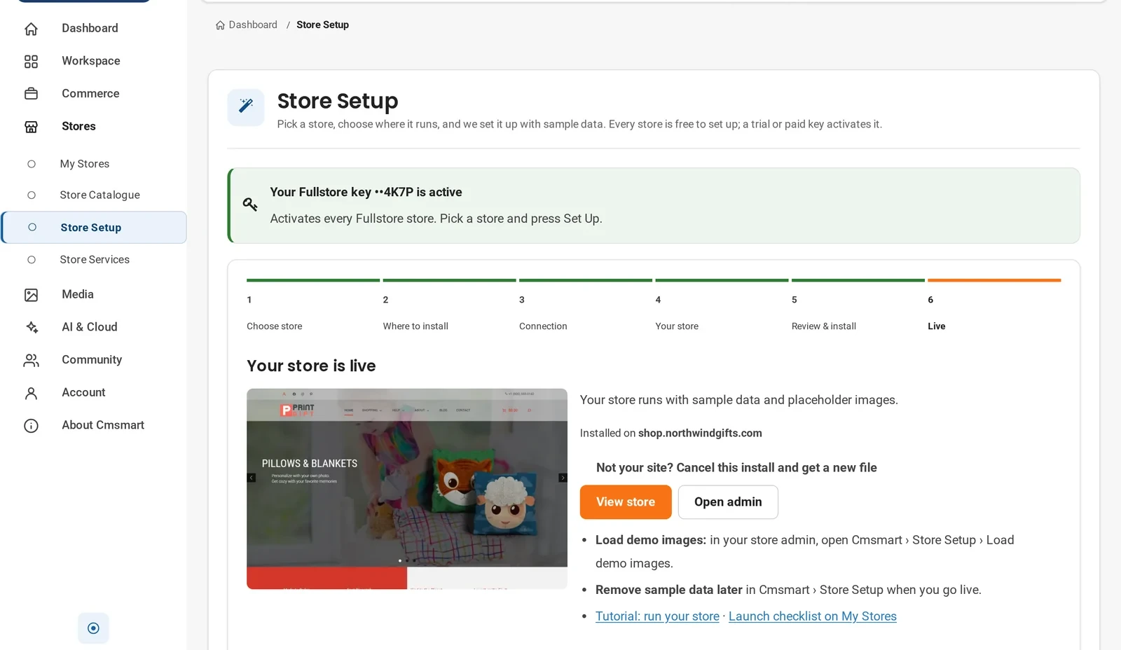Cmsmart dashboard Store Setup step 6, the store is live with View store and Open admin buttons