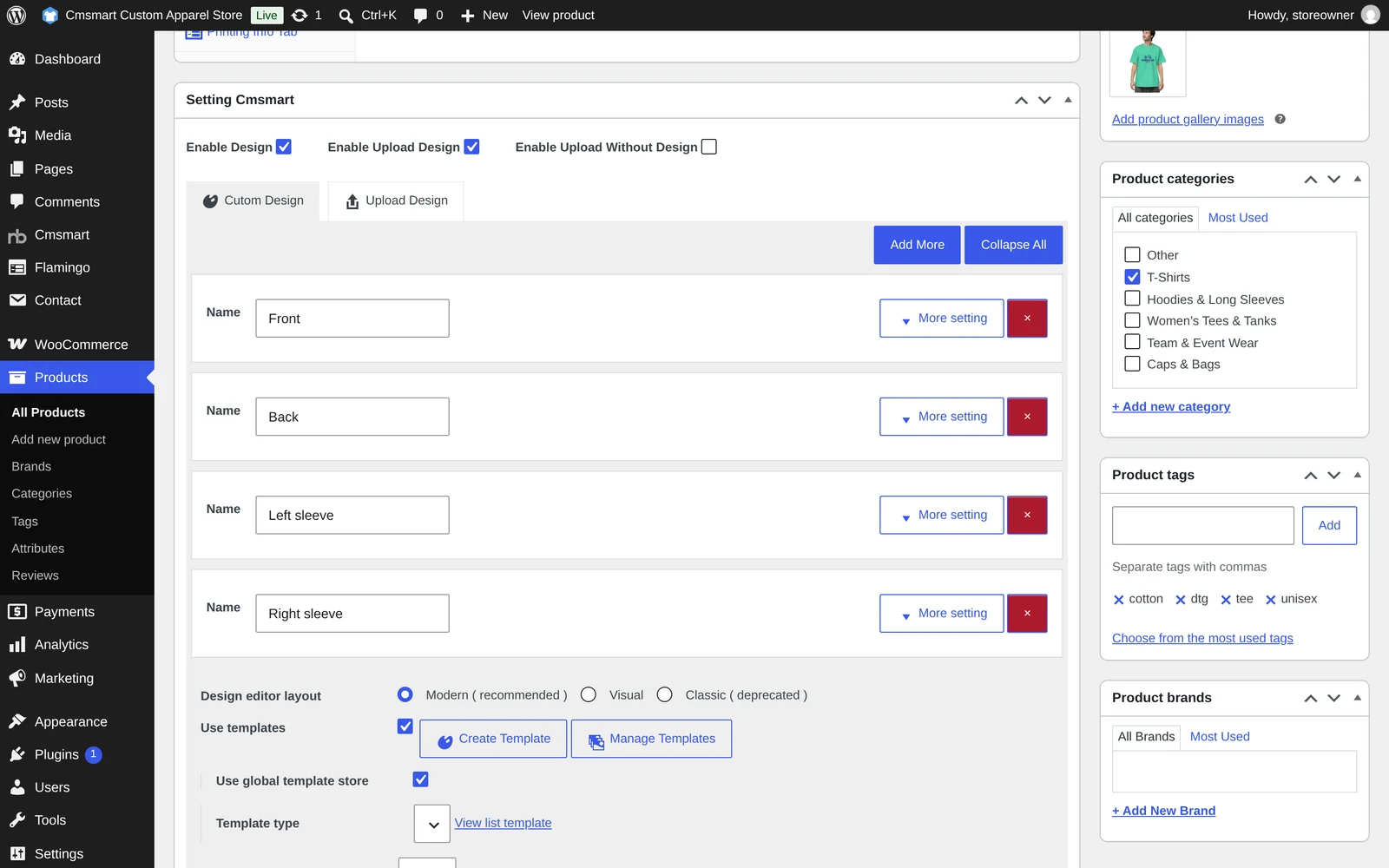 Cmsmart Setting Cmsmart box on a WooCommerce product with Front, Back, Left sleeve and Right sleeve design areas