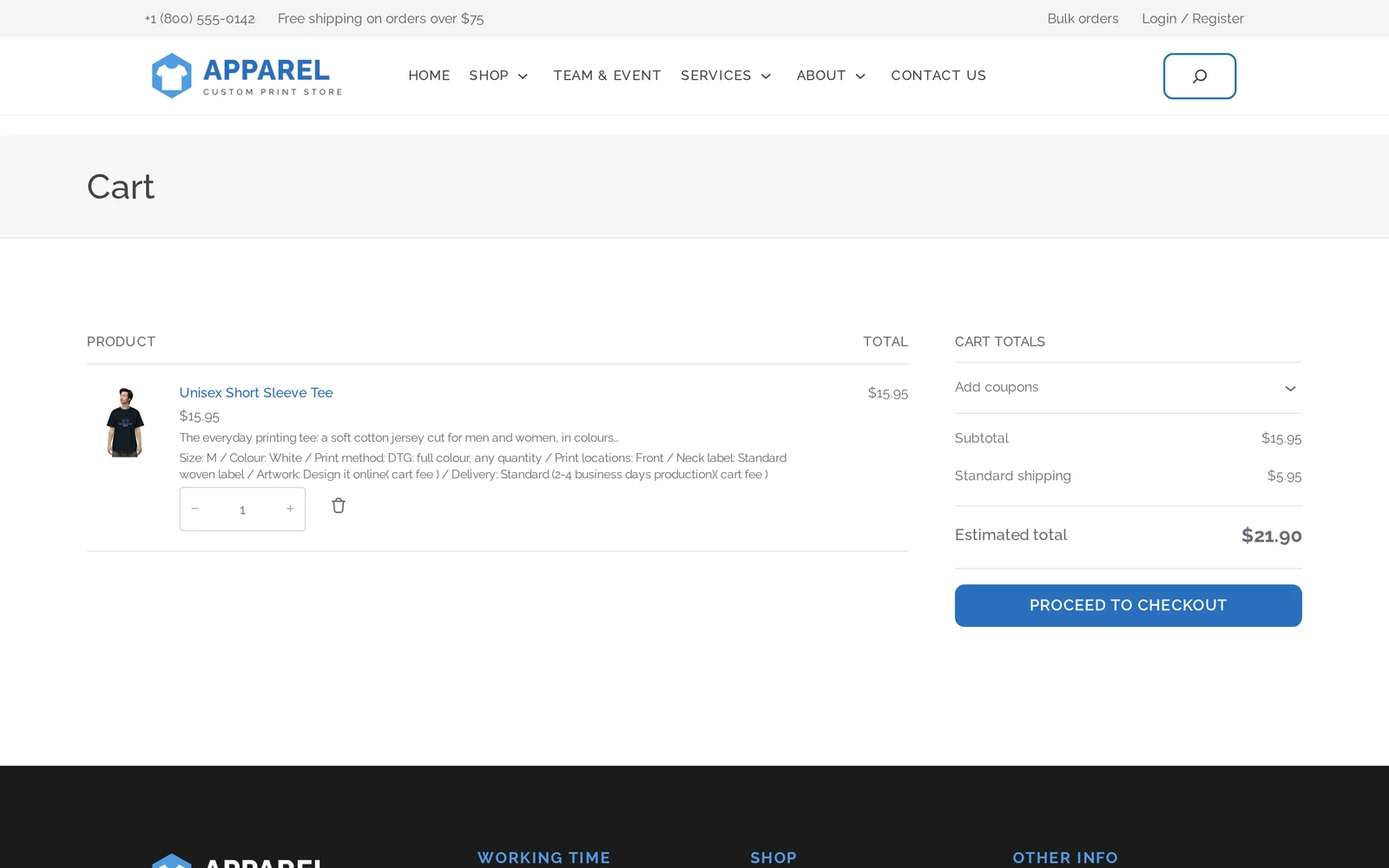 WooCommerce cart showing a T-shirt line item with size, colour, print method and artwork options carried through