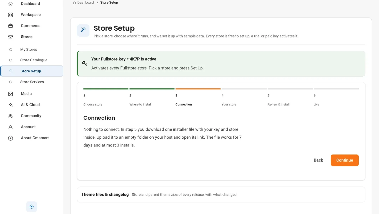 Store Setup wizard step 3, connection, explaining the installer file works for 7 days and up to 3 installs