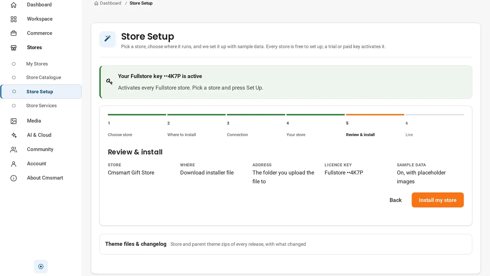 Store Setup wizard step 5, review and install, showing the store, licence key and sample data settings