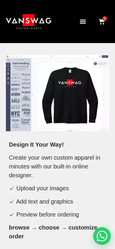 Home page of Business Transformation for Custom Merchandise Ordering and Personalization on a phone