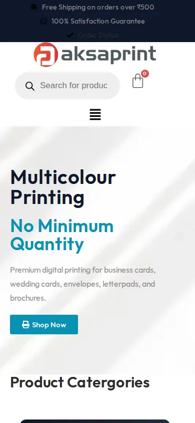 Home page of Enhanced Online Ordering Experience for Print Services Business on a phone