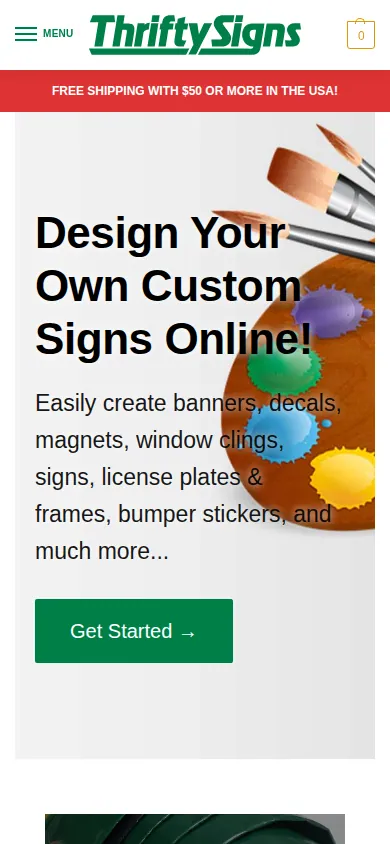 Home page of Enhancing Online Ordering for Custom Signage and Printing Solutions on a phone