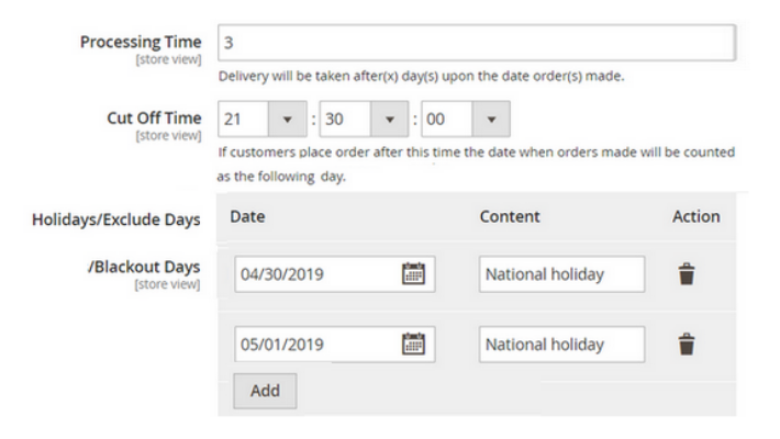 Set processing time and cut-off time for order shipment