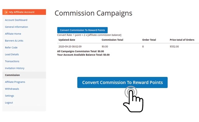 Convert affiliate commission to reward points