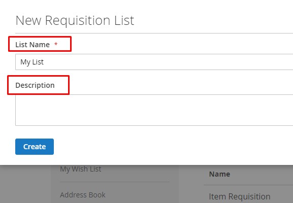 Popup of creating a new requisition list 
