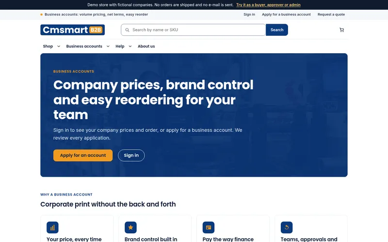 Cmsmart B2B Store home page with business account sign-in and a menu of print and branded merchandise categories